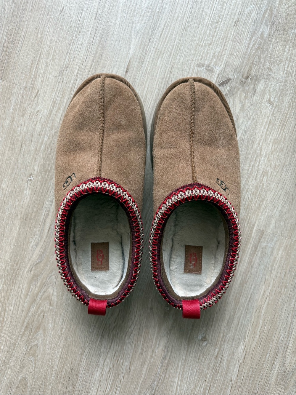 UGG Women’s Chestnut Suede Slip-On with Red Trim